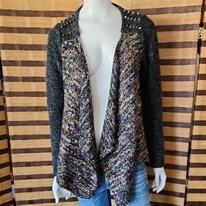 Talk Of The Walk Vintage Multicolor Open Front Sweater With Stud Shoulders